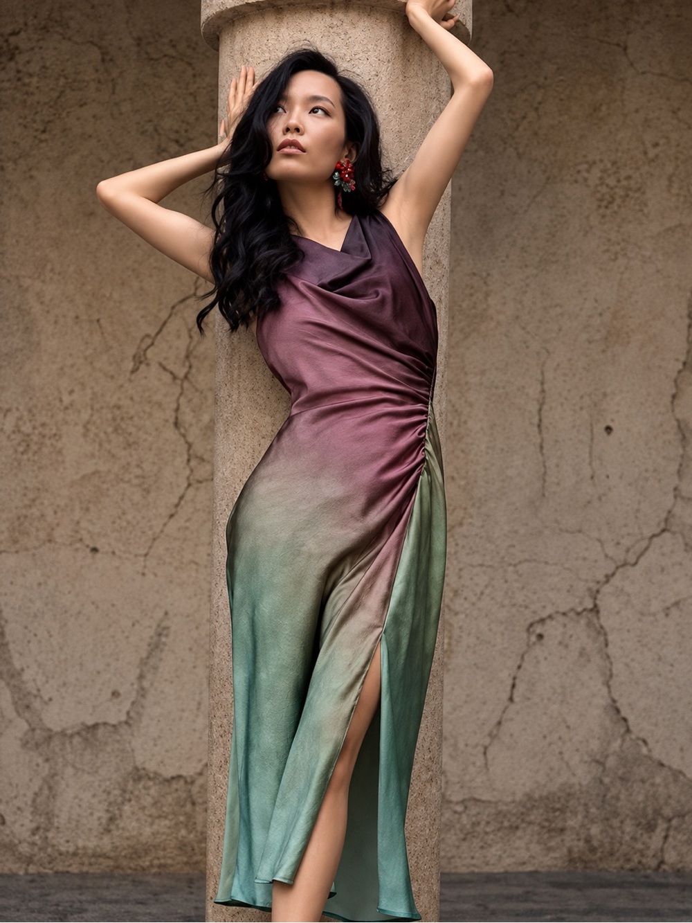 Zara Satin Effect Tie-Dye Ruched Midi Dress Size S NWT